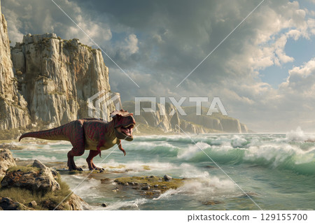 Tyrannosaurus Rex hunts near the coastline of an ancient Cretaceous sea 129155700