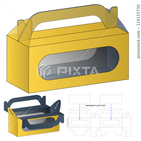 Yellow Cardboard Box with Handle and Die-Cut Template 3D Mockup 129155730