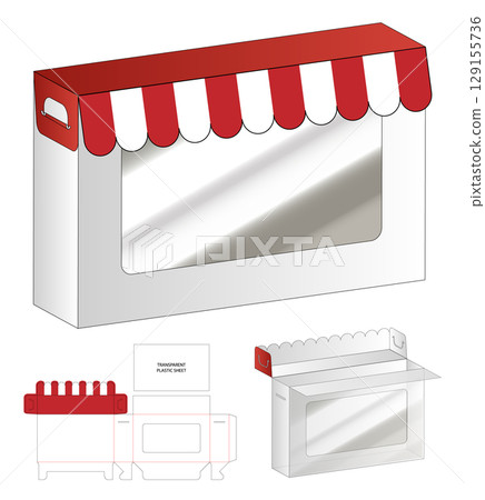 Red and White Bakery Box with Handle and Window Flat Template and 3D Mockup Red and White Bakery Box with Handle and Window Flat Template and 3D Mockup 129155736