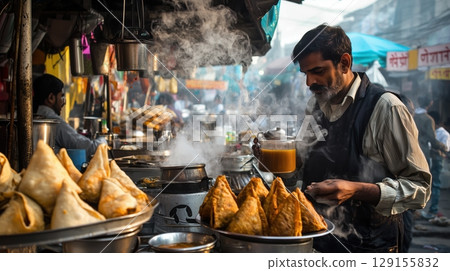 Indian street food stall with steaming chai and samosas Indian street food stall with steaming chai and samosas 129155832