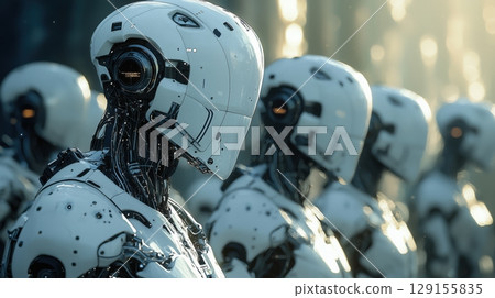 一排未來派白色機器人的集體視角 129155835