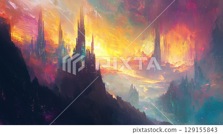 Futuristic city and fantasy sunset scenery 129155843