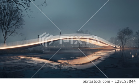A futuristic bridge illuminated at night by curved lines of light A futuristic bridge illuminated at night by curved lines of light 129155844
