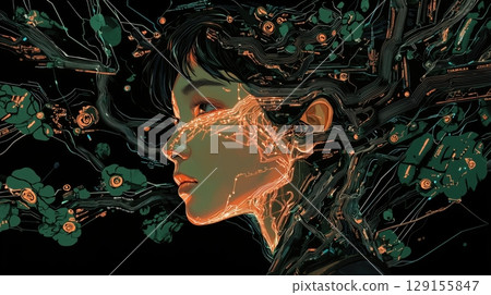 Cyberhuman portrait that combines AI and nature 129155847