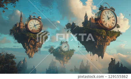 A surreal fantasy of a floating clock and island 129155862