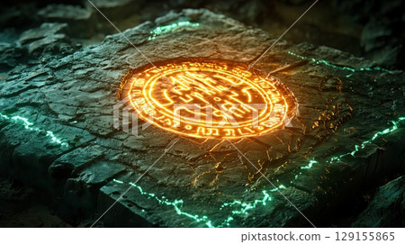 A mysterious magic circle stone tablet with glowing ancient characters 129155865