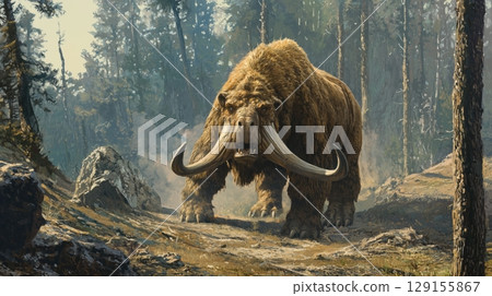 A saber-toothed extinct animal creature walking through an ancient forest 129155867
