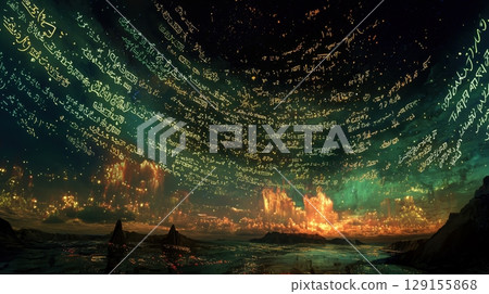 夜空中漂浮著神秘發光的古代文字 夜空中漂浮著神秘發光的古代文字 129155868