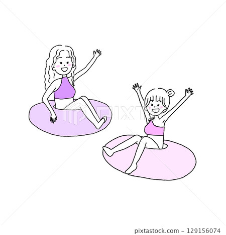 兩個女孩玩游泳圈的插圖 兩個女孩玩游泳圈的插圖 129156074