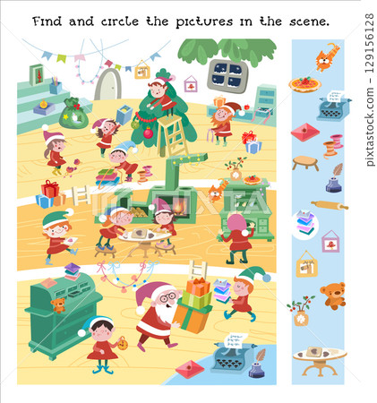 Elf and Santa Claus getting ready for Christmas. Find objects. Puzzle game for kids. Children illustration. Cartoon character. New Year Eve and winter holidays.  129156128