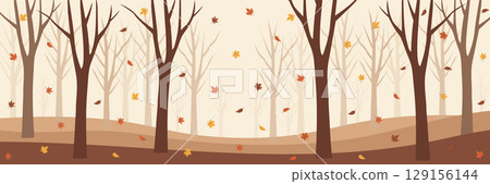 Minimalistic Autumn Forest Landscape with Bare Trees and Falling Leaves Vector Illustration. 129156144