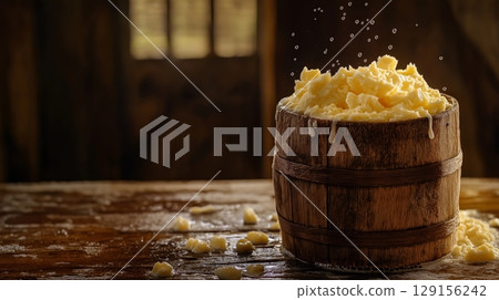 Churned butter in a wooden barrel on a rustic table setting Churned butter in a wooden barrel on a rustic table setting 129156242