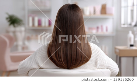 Long, shiny hair of a person at a modern salon waiting for a hair treatment 129156260