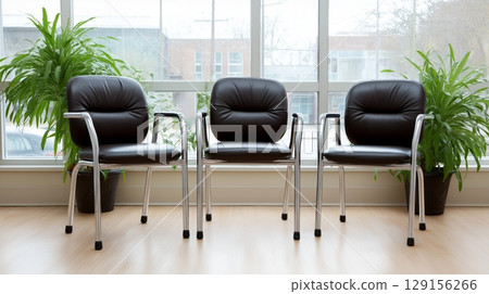 Black chairs arranged neatly near large windows with plants in a waiting area 129156266