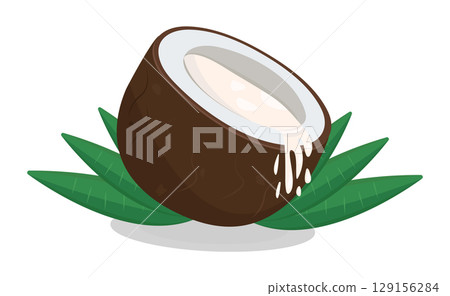 Coconut half with leaves and pouring milk, vector colorful illustration 129156284