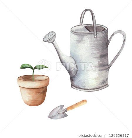 Watercolor illustration of a gardening set with a metal watering can, a small green sprout in a clay pot, and a garden trowel. Perfect for garden design, botanical themes, and nature projects Watercolor illustration of a gardening set with a metal watering can, a small green sprout in a clay pot, and a garden trowel. Perfect for garden design, botanical themes, and nature projects 129156317