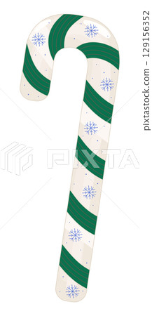 Winter candy cane with green stripes and blue snowflakes, vector color illustration Winter candy cane with green stripes and blue snowflakes, vector color illustration 129156352