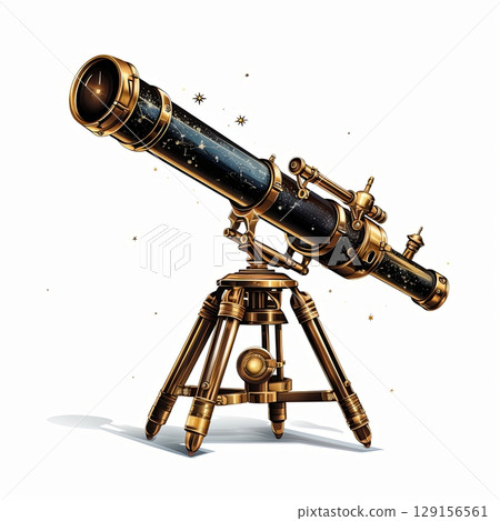 Vintage Telescope on Tripod for Astronomy Enthusiasts and Space Exploration, Isolated 129156561