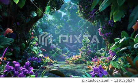A mysterious jungle filled with vibrant tropical plants 129156624