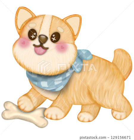Kawaii playful Corgi and Shiba Inu dogs in various poses. Hand drawn colored  illustration set. 129156671