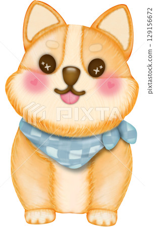 Kawaii playful Corgi and Shiba Inu dogs in various poses. Hand drawn colored  illustration set. 129156672