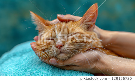 Ginger cat relaxation after bath time with gentle care in cozy environment 129156720