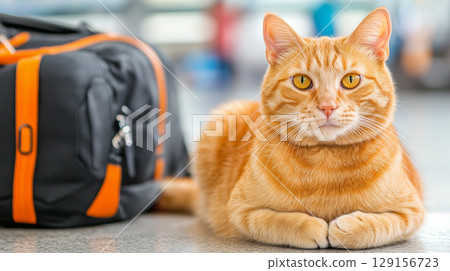 Calm orange cat near bag on blurred transport terminal background. Pet travel concept 129156723