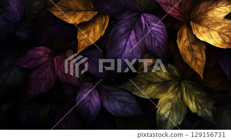 Autumn leaves in rich purple and golden hues. Vibrant foliage pattern for seasonal decoration and design Autumn leaves in rich purple and golden hues. Vibrant foliage pattern for seasonal decoration and design 129156731