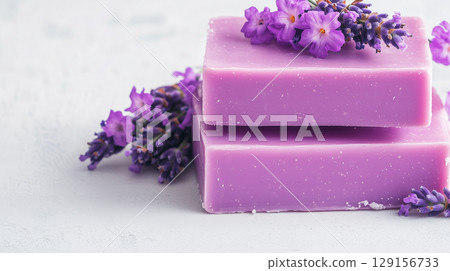 Lavender scented handmade soap with flowers. Organic cosmetics and hobby concepts Lavender scented handmade soap with flowers. Organic cosmetics and hobby concepts 129156733