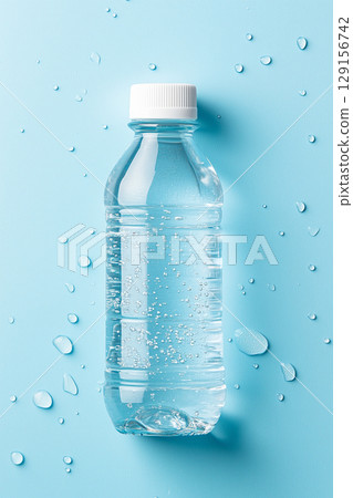 Clear plastic water bottle on light blue background with water droplets for refreshment design 129156742