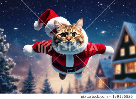 A cat wearing a Santa Claus costume flying through the Christmas night sky 129156826