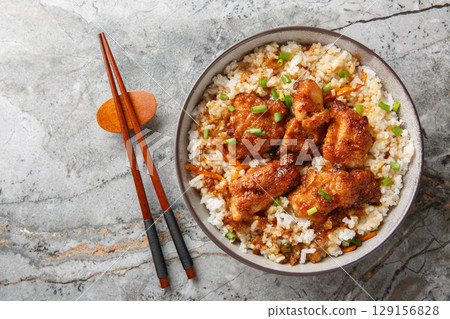Rice with Chicken Tori-meshi a local dish from Okayama Prefecture closeup in the bowl. Horizontal top view 129156828