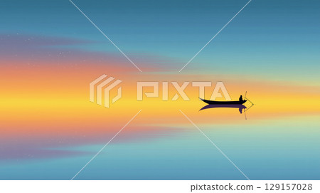 Orange sunset and a small wooden boat on the sea 129157028