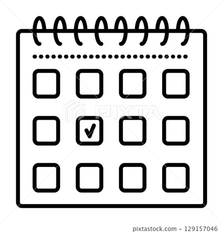 Spiral paper desk calendar, black line vector icon, planner pictogram Spiral paper desk calendar, black line vector icon, planner pictogram 129157046