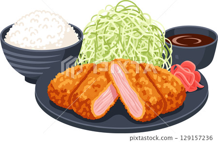 Tonkatsu set meal, vector illustration of Japanese pork cutlet set 129157236