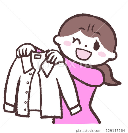 Illustration of a woman spreading her white Y-shirt 129157264