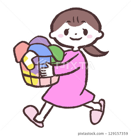 Illustration of a woman moving with laundry 129157359