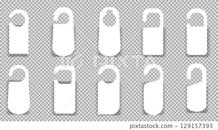 Door hanger do not disturb template. Hotel tag silhouette, set sign, blank. Die empty label hanger on door hotel room. Cardboard signs isolated on white background 129157393