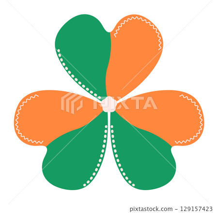 Single colorful irish clover; leaf in green, orange and white colors like a flag of Ireland; the symbol of St. Patrick's Day, vector illustration 129157423