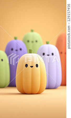Cute pastel colored pumpkins with smiling faces create cheerful autumn scene 129157456