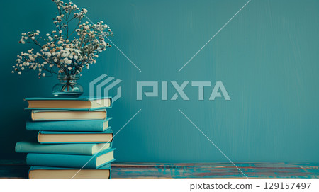 Bouquet of white flowers on top of a stack of books against an empty green-painted background 129157497