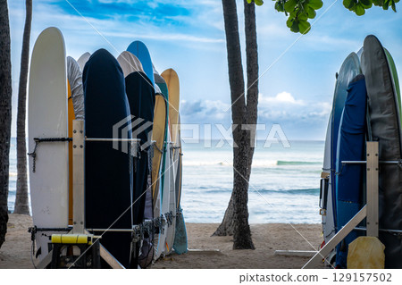 Colorful surfboards lined up on a beach with ocean waves in the background during a sunny day 129157502
