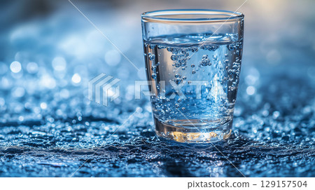 Refreshing glass of sparkling water with air bubbles on a wet surface Refreshing glass of sparkling water with air bubbles on a wet surface 129157504