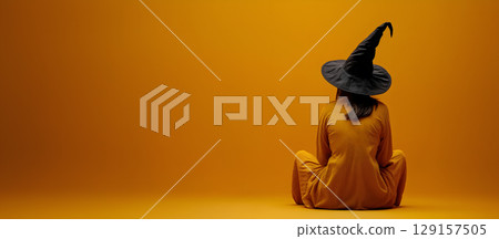 Woman in an orange dress and black witch hat sits with her back to the viewer, set against a vibrant orange backdrop. Halloween-themed banner with ample empty space 129157505
