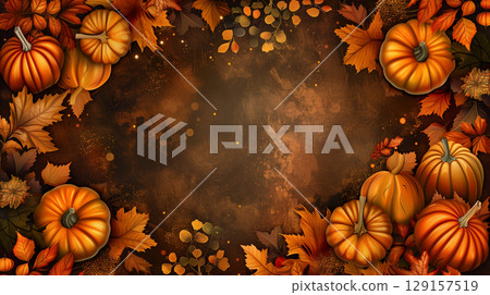 Autumn-coloured backdrop with golden leaves, orange pumpkins and copyspace in the center 129157519