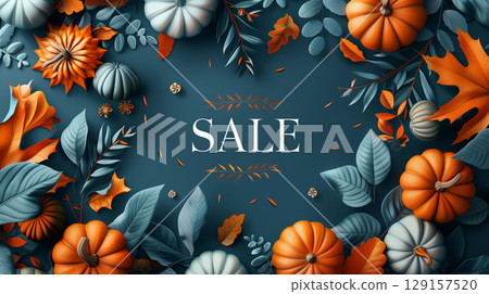 Fall season and halloween themed sale display featuring bright orange pumpkins and autumn leaves on a petrol blue background 129157520