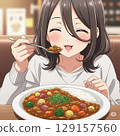 A cute girl eating curry with relish 129157560
