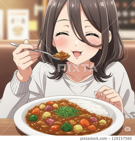 A cute girl eating curry with relish 129157560