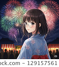 A cute high school girl with glasses looking back at the fireworks display 129157561