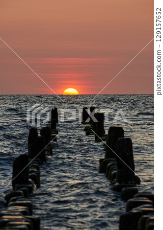 pier of Heringsdorf on German isle of Usedom in sunrise light 129157652